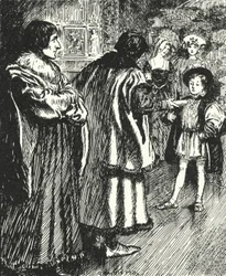 Erasmus beobachtet, wie Sir Thomas More ein Gedicht, das er geschrieben hat, dem jungen Prinzen Heinrich, dem zukünftigen König Heinrich VIII., überreicht