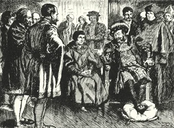 Sir Thomas More am Hof von Heinrich VIII., widersteht den Versuchen des Königs, ihn zu einer amüsanten Bemerkung zu bewegen