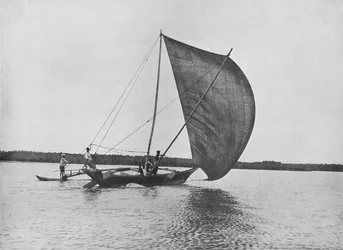 Auslegerkanu mit vollen Segeln auf dem Negombo-See, ca. 1890, 1910