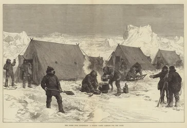 Die Nordpolexpedition, eine Schlittenparty campt für die Nacht