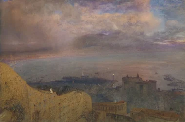 Blick auf die Bucht von Neapel mit rauchendem Vesuv in der Ferne, Abend, 1871