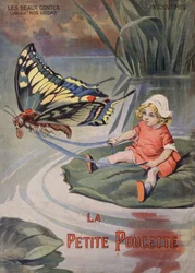 Däumelinchen. Ein winziges kleines Mädchen sitzt auf einer Seerose und wird von einem Schmetterling gezogen. Märchen von Hans Christian Andersen (1805-1875). Illustration von Vaccari und Carrey in 