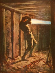 Eine Zunge aus blauer Flamme schießt aus der feindlichen Seite einer Minengalerie und verbrennt Private Bytheway schwer