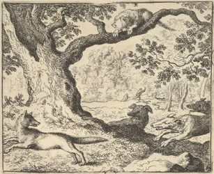 Nach Renards falscher Geschichte wird sein Vater von Jagdhunden gejagt, von Hendrick van ..., 1650-75