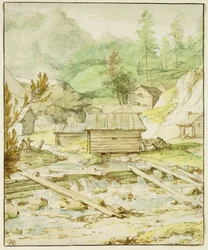 Nordische Landschaft mit Holzhütte und Wehr