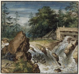 Nordische Landschaft mit einem Zeichner bei einem Wasserfall