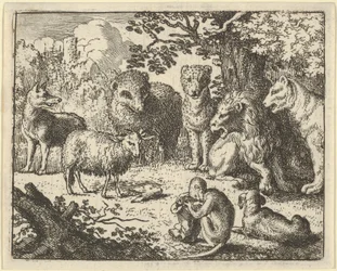 Der Affe öffnet das Paket und entfernt den Kopf des Kaninchens zur großen Überraschung der..., 1650-75