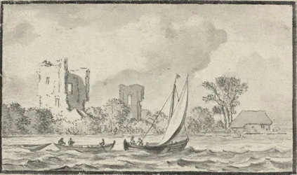 Drei Boote auf einem Fluss mit Ruinen entlang des Ufers
