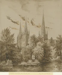 Lichfield Kathedrale - Südwestansicht: Sepiazeichnung, Jul. 1842
