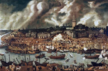 Eine Expedition, die 1498 von Sevilla nach Amerika aufbricht