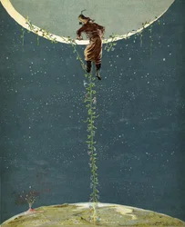 Baron Münchhausen klettert an einer türkischen Bohnenpflanze zum Mond hinauf, aus „Die Abenteuer des Baron Münchhausen“ von Rudolf Erich Raspe (1736-94), veröffentlicht ca. 1886