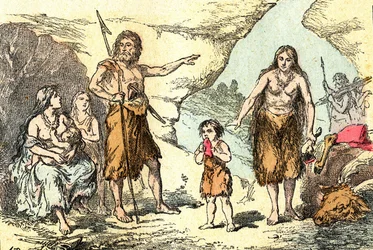 Eine Familie in der Ära der Rentiere (Prähistorie): Natürliche Schöpfung und Lebewesen. Zeichnung von A. Demarle. 1885