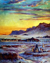 Gruppe arabischer Nomaden in der Wüste. Von Nasreddine Dinet (Alphonse-Étienne Dinet). 1861 – 1929. Ein französischer orientalistischer Maler. 1918