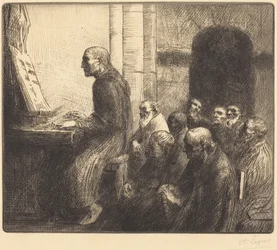Mönch spielt Orgel in der Kirche