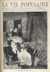 Ein verzweifelter Soldat umarmt die Leiche einer Frau, die in einem Bett liegt. Illustration von Alfons Maria Mucha
