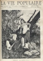 Eine junge Frau, zerzaust, entblößt, mit sichtbarer Brust, lehnt sich vertrauensvoll und vergnügt zu einem Maler, der in der Natur liegt und schläft. Jacke, Hut, Material und Pfeife sind auf dem Boden verstreut. Illustration von Alfons Maria Mucha (Alphons