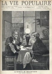 Szene aus dem Familienleben: Um den Esstisch versammelt sich eine Familie, die von einer Öllampe beleuchtet wird und aufmerksam einem besuchenden Onkel zuhört, dessen Augen leuchten und der die Höhepunkte seiner Geschichte mit der Hand markiert. Illustrati