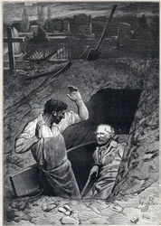 Eine Auferstehung ist fast so erschreckend wie ein Tod: Fauchelevent und Jean Valjean - Illustration von Alphonse de Neuville (1836-1885) für „Les Miserables - Zweiter Teil: Cosette“ von Victor Hugo (1802-1885) 1862
