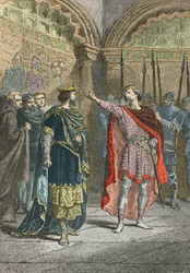 Adalbert Graf von der Mark fordert Hugo Capet heraus, wer dich zum König gemacht hat (Gravur)