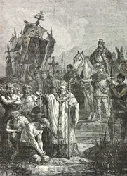 Karl der Große zwingt 804 die Sachsen zur christlichen Taufe (Gravur)