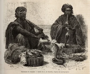 Die Schlangenbeschwörer, die mit Reptilien handeln, die sie durch Blasen in ihre Flöte anziehen, graviert nach der Zeichnung von A. de Neuville, zur Illustration der Reise nach Indien der Rajahs, 1864-1868, von Louis Rousselet, veröffentlicht in „Le tour d
