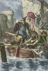 Rollons Wikingerboote vor den Mauern von Paris 886 (Gravur)