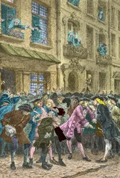 Rue Quincampoix, Treffpunkt der Spekulanten, um 1720 (Gravur)