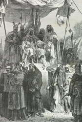 Saladin beobachtet, wie die Christen 1187 Jerusalem verlassen (Gravur)