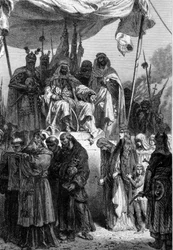 Die Christen von Jerusalem verlassen die Stadt vor Saladin (1138-1193) nach der Eroberung der Stadt 1187. Gravur von Neuville 1879.