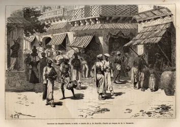 Die Kreuzung von Chandni Chowk, die Straße der Goldwürmer, die Hauptader der kommerziellen und handwerklichen Aktivitäten, die Delhi vom großen Tor des Palastes bis zum Tor von Lahore durchquert, Gravur nach der Zeichnung von A. de Neuville, zur Illustrati