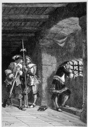 Die eiserne Maske in seiner Zelle im Gefängnis der Insel Saint Marguerite - in „Histoire de France“ von Guizot, Gravur von De Neuville