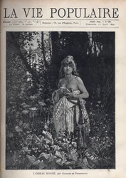 Eine nackte junge Frau, stehend und unfrisiert, bedeckt ihren Körper mit einer Decke, umgeben von Vegetation und Bäumen, die ein schmiedeeisernes Gitter verdecken. Illustration von Alfons Maria Mucha