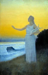 Hymne an das Meer, junge Frau mit Lyra am Meer, Figur, die die griechische Dichterin Sappho darstellt