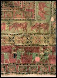 Hochflorteppich, der Pferde und Reiter, Damhirsche und Greifen darstellt, aus den Pazyryk-Grabhügeln, 5.-4. Jahrhundert v. Chr.