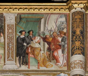 Zentrales Schiff, sechster südlicher Spann, Christus vor Kaiphas, Altobello Melone