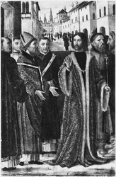 Der heilige Ambrosius verweigert dem römischen Kaiser Theodosius I. den Eintritt in die Kirche in Mailand