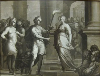 Théagène erhält die Fackel aus den Händen von Chariclée