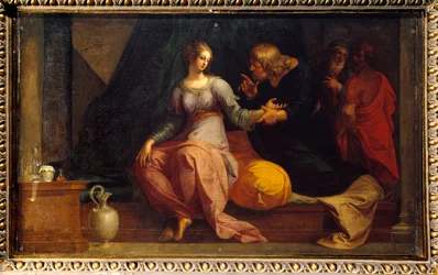 Der Arzt Acestinus untersucht Chariclea (Illustration von „Die Äthiopik oder Geschichte der Liebe von Theagenes und Chariclea“ von Heliodor)