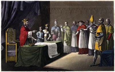 Versammlung von Worms: Ludwig I. der Fromme (778-840), König von Frankreich, wurde von seinen drei Söhnen (Lothar, Pippin und Ludwig) abgesetzt, weil er sein Königreich zugunsten seines vierten Sohnes (Karl, eine Figur in Blau neben dem König) im Jahr 833 