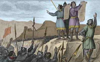 Karl II. (823-77) der Kahle und sein Bruder Ludwig der Deutsche schließen 842 einen Vertrag in Straßburg - Straßburger Eide, abgelegt von Karl II. dem Kahlen (823-877), König von Frankreich und Kaiser des Westens, und Ludwig dem Deutschen, 14. Februar 842 