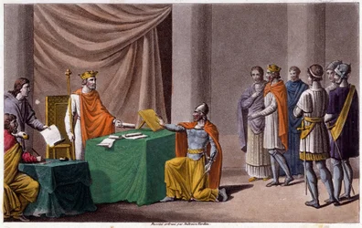 Karl II. der Kahle (823 - 877) unterzeichnete den Vertrag von Verdun (843) mit Ludwig II. dem Deutschen (804 - 876). Entworfen und graviert von Ambroise Tardieu im Jahr 1825