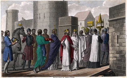 Chilperich zog nach der Ermordung Sigiberts an der Spitze einer Prozession in Paris ein, um nicht den Anschein zu erwecken, den Eid zu verletzen, den er geleistet hatte, nur mit Zustimmung seiner Brüder dorthin zu kommen. Brunichild (oder Brunehilde), die
