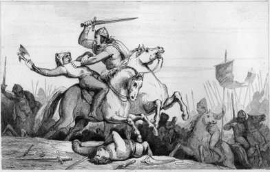 Graf Eudes verteidigt Paris gegen die Normannen im Jahr 885 - Eudes (Odon), Karolingische Dynastie, führt die Schlacht gegen die Normannen und verteidigt Paris siegreich (885 - 887) - Gravur von 1825 in „Histoire de France“