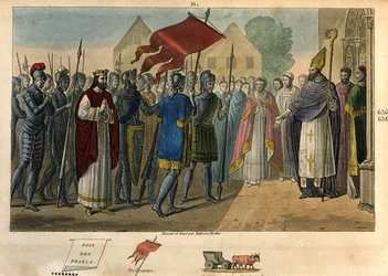 Dagobert (603 - 639) nimmt das Banner in St. Denis herunter - Dagobert I. (? - 639), König der Franken, Dynastie der Merowinger. Er gründete die Abtei Saint Denis, wo er die Oriflamme hinterlegte. Zeichnung und Gravur von Ambroise Tardieu im Jahr 1825.