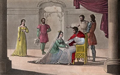 Emma von Frankreich (894-934) küsst die Knie ihres Mannes Raoul (ca. 890-936), den sie während der Gefangenschaft von Karl III. dem Einfältigen zum König wählte. Gezeichnet und graviert von Ambroise Tardieu im Jahr 1825.
