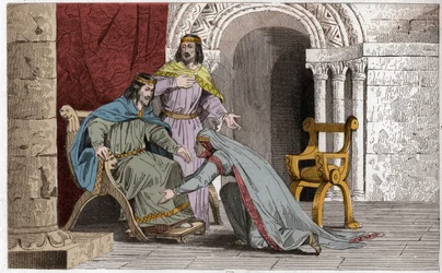 Emma küsst das Knie ihres Mannes Raoul (gest. 936) in Anerkennung seiner Souveränität - Emma von Frankreich (894-934) küsst die Knie ihres Mannes Raoul (ca. 890-936), den sie während der Gefangenschaft von Karl III. dem Einfältigen zum König wählte - Gravu