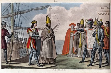 Ludwig IV. von Übersee (921-954), karolingische Dynastie. Er wurde von Guillaume, Erzbischof von Sens, aus England nach Frankreich zurückgebracht, um unter der Vormundschaft von Hugues dem Großen wieder an die Macht zu kommen. - Gezeichnet und graviert von