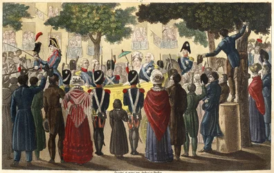 Ludwig XVIII. (1755-1824) wurde 1814 von Condés Armee unter einer kleinen Anzahl von Paris treuen Untertanen zum König ausgerufen (Restauration) - Entworfen und graviert von Ambroise Tardieu im Jahr 1825