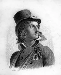 Porträt von Henri du Vergier, Graf von La Rochejaquelein (oder Verger de La Rochejacquelein) (1772-1794). Er trägt auf seiner Brust das Abzeichen der Verkäufer - in "Portraits der französischen Generäle nach den Siegen und Eroberungen der Franzosen". Gravi