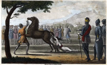 Der Tod von Königin Brunhilda von Austrasien, einer westgotischen Prinzessin, verheiratet mit König Sigebert I. von Austrasien - Tod von Brunehaut (oder Brunehilde) auf Befehl von Chlothar II. (613). Gezeichnet und graviert von Ambroise Tardieu im Jahr 182